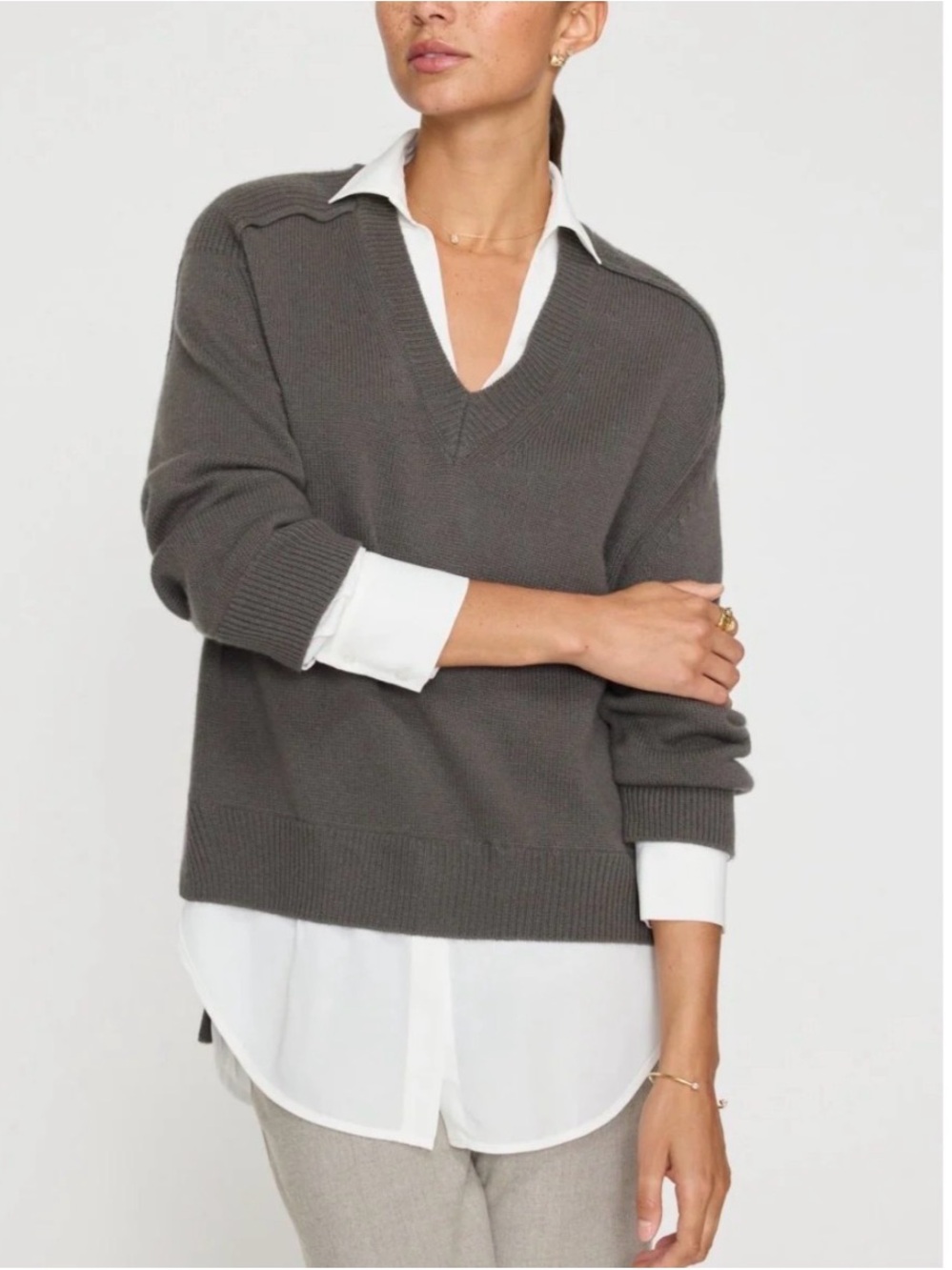 Brochu Walker Looker Layered Wool Cashmere Sweater Gray White M